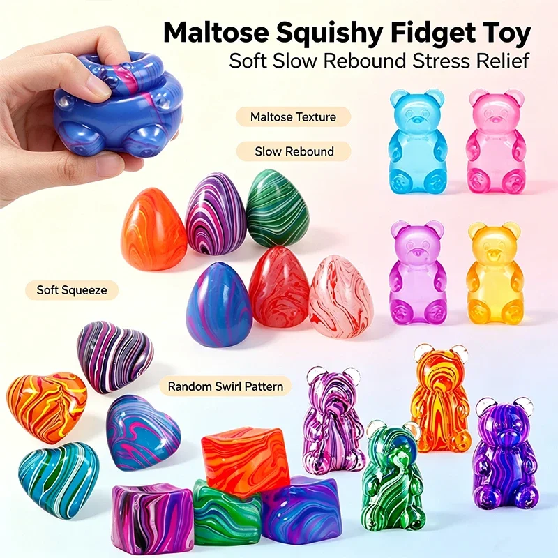 Soft TPR Maltose Squishy Toy Marble Quicksand Cube Heart Egg Clear Gummy Bear Slow Rebound Fidget Anti-Stress Sensory Toy 14+