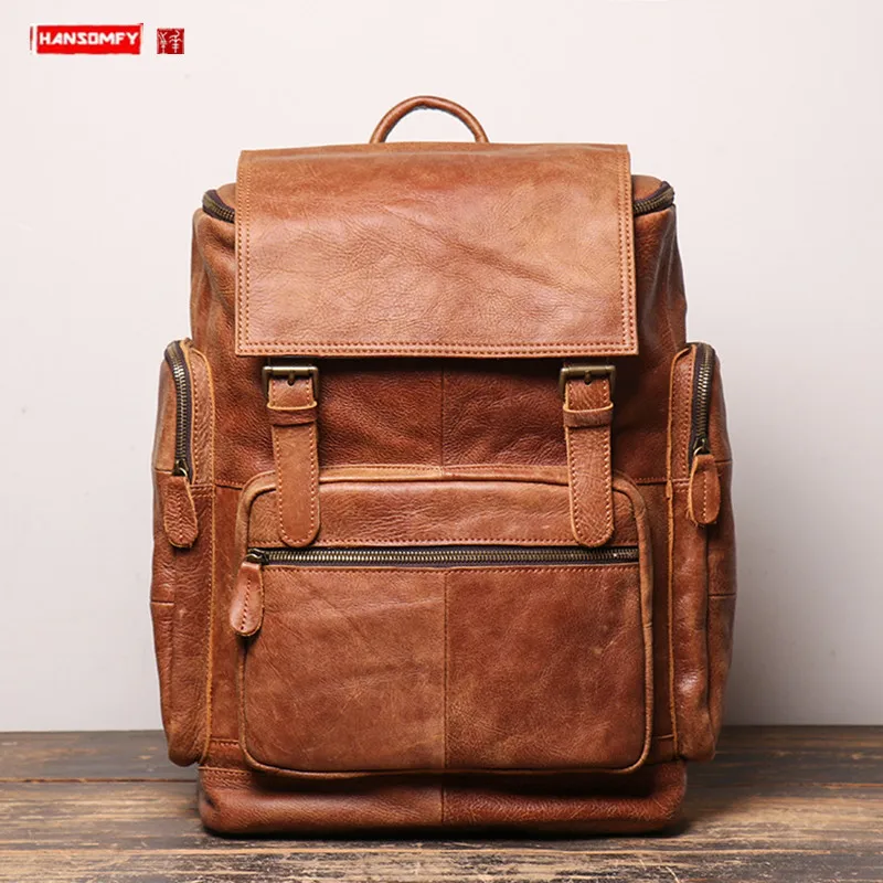 New retro men 's leather backpack cowhide large capacity school computer backpack frosted leather mountaineering travel bags