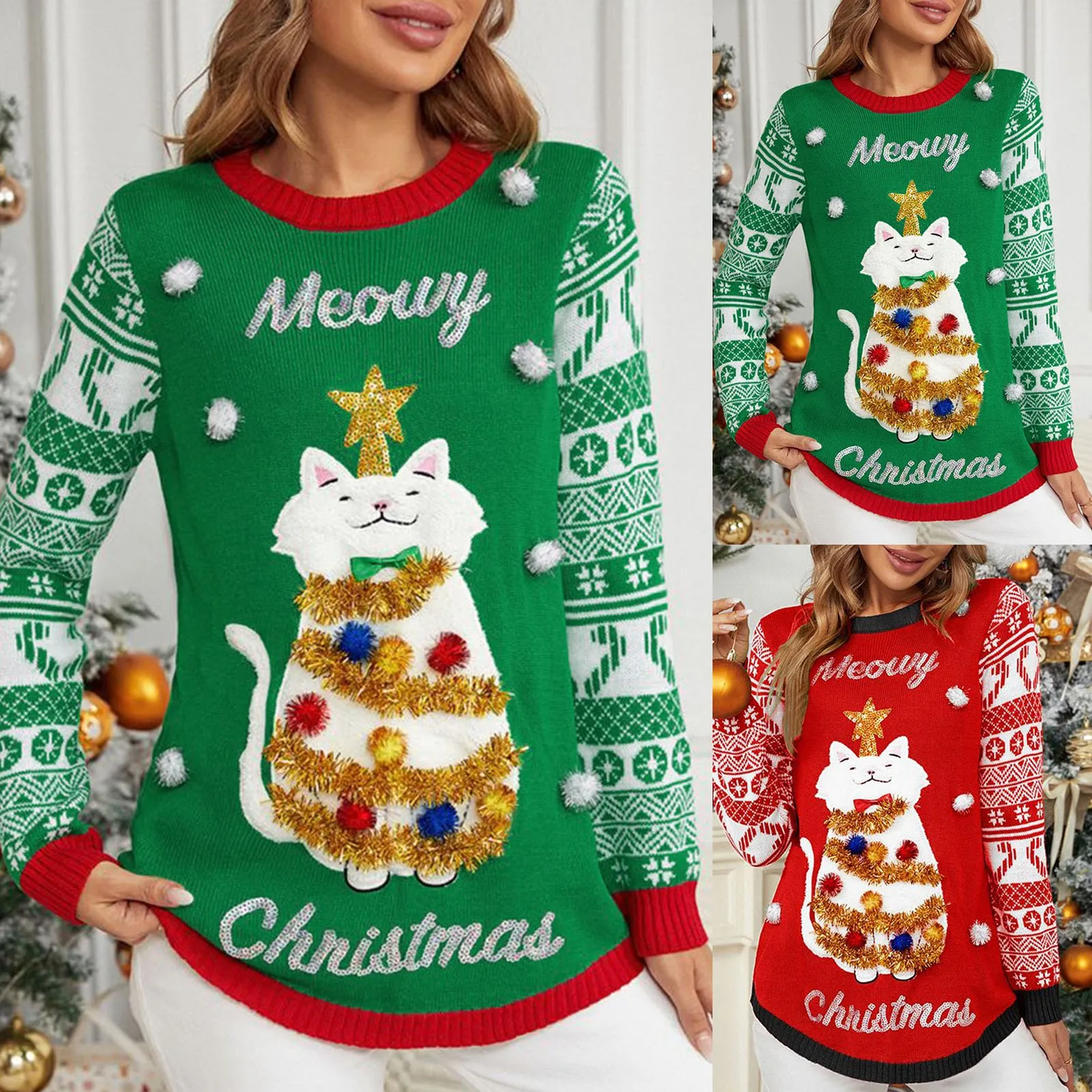 Sweater Women Christmas 2024 Ugly Sweater New Cartoon Cat Print O-Neck Autumn Winter Thick Loose Knitwears Tops Xmas Pullover