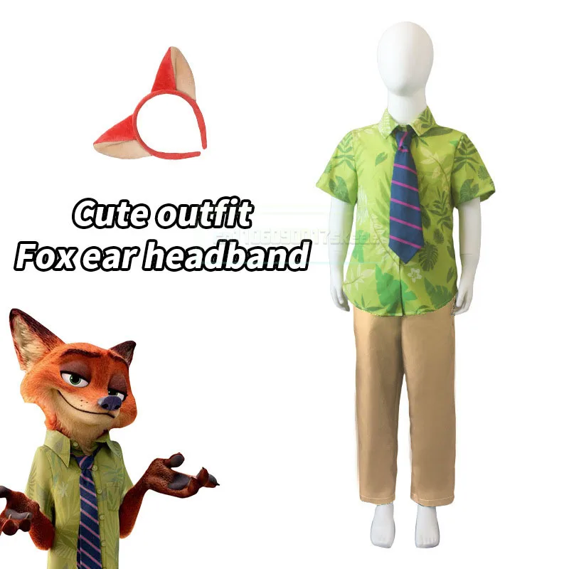 

Fox Nick Wilde Cosplay Shirt With Tie Men Halloween Green Leaves Printed Summer Casual T-shirt and Necktie cosplay