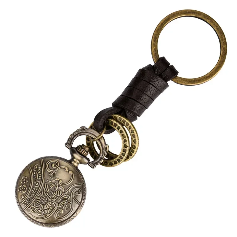 Retro 3D Engraved Rose Flower Case Pendant Quartz Pocket Watch with Key Ring Small Size Clock Arabic Number Display Collectable