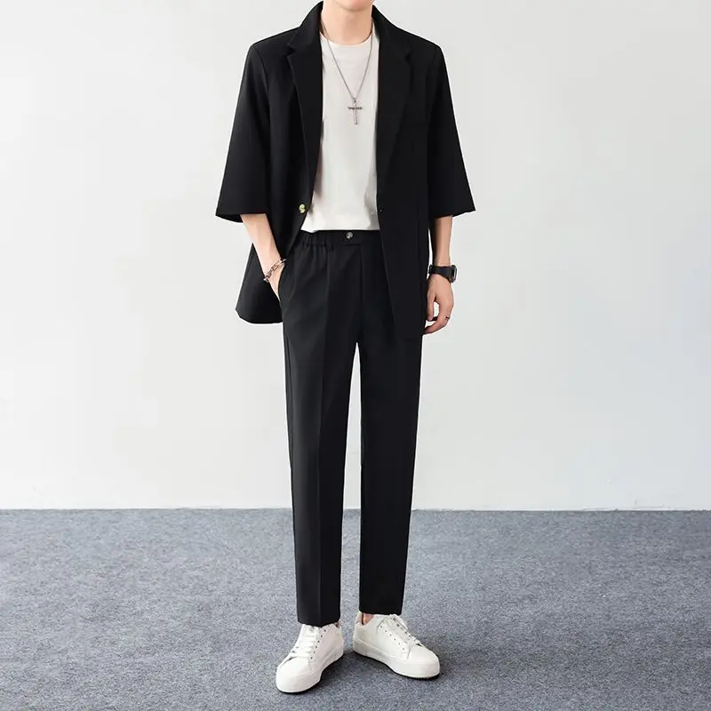 

Summer Casual Men's ort Sve Suit Top Thin Two-Piece Set Drapey No Ironing Long Pants Lightweight Faion Urban Sle