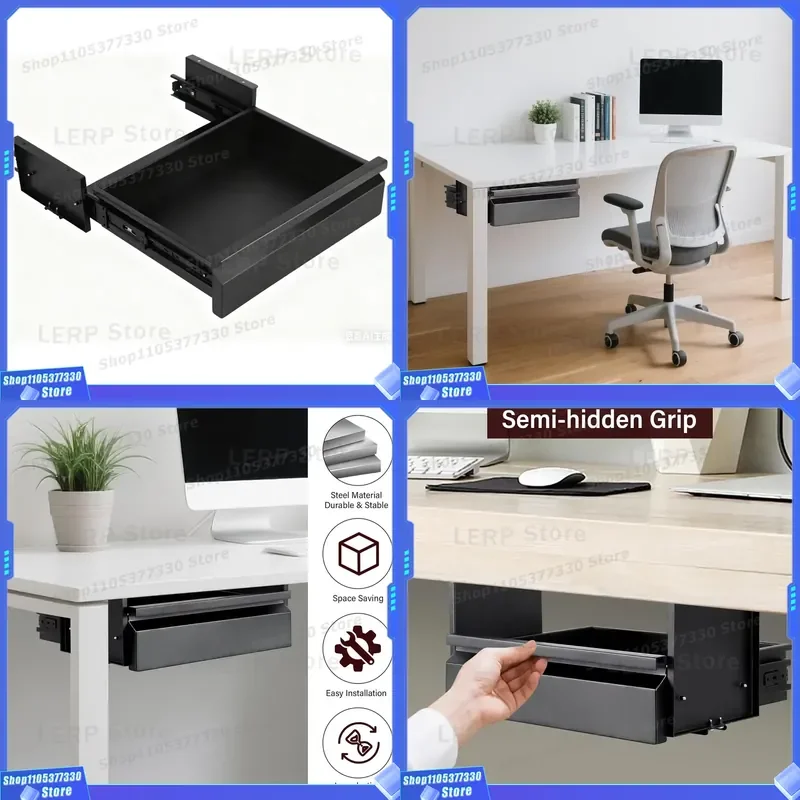 Under Desk Sliding Drawer Storage Box for Sit Stand Workstation Office Desktop Organizer Hidden File Cabinet Space Saver