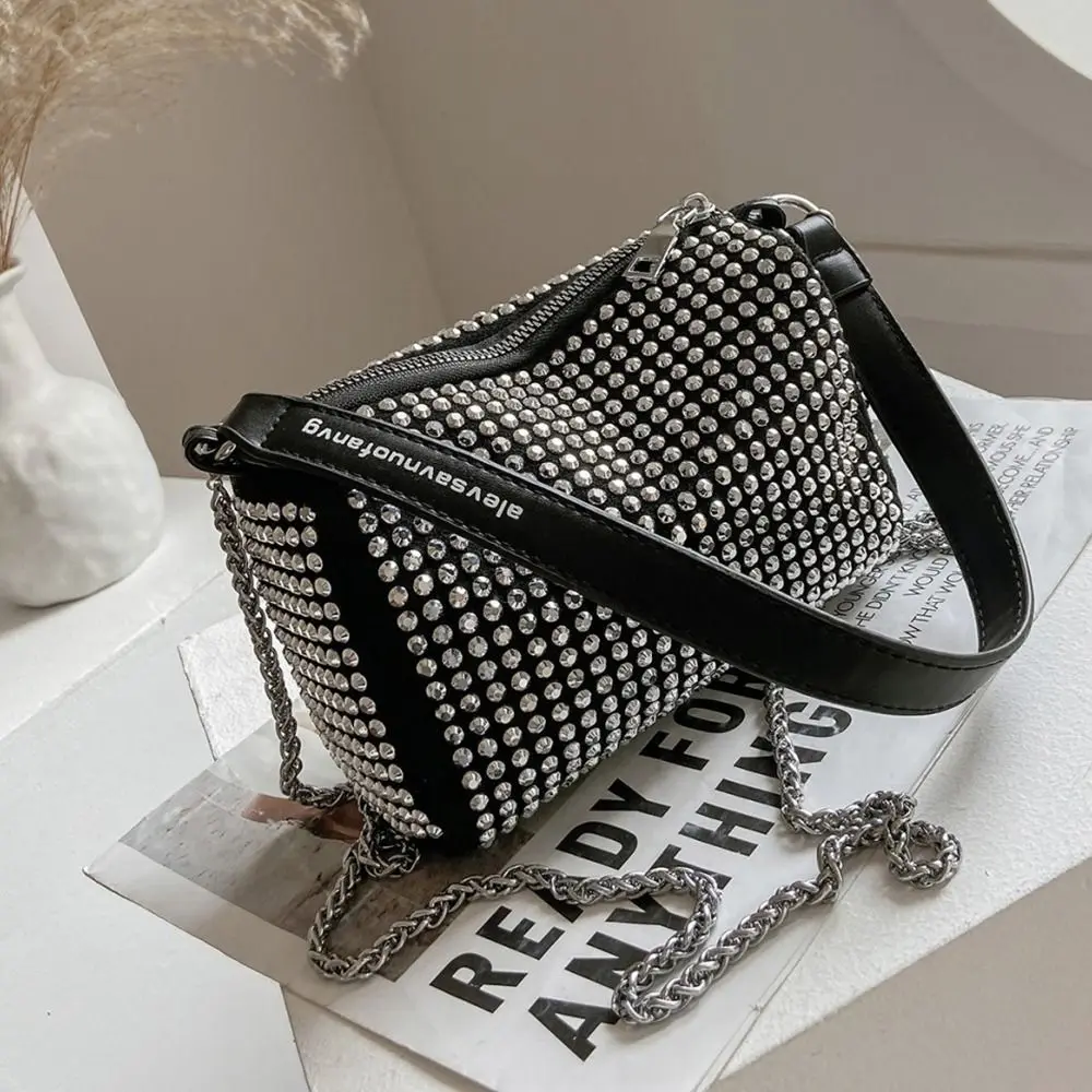 Casual Large Capacity Rhinestone Handbag Blingbling Shiny Small Square Bag Pillow Bag Zipper Crossbody Bag Ladies
