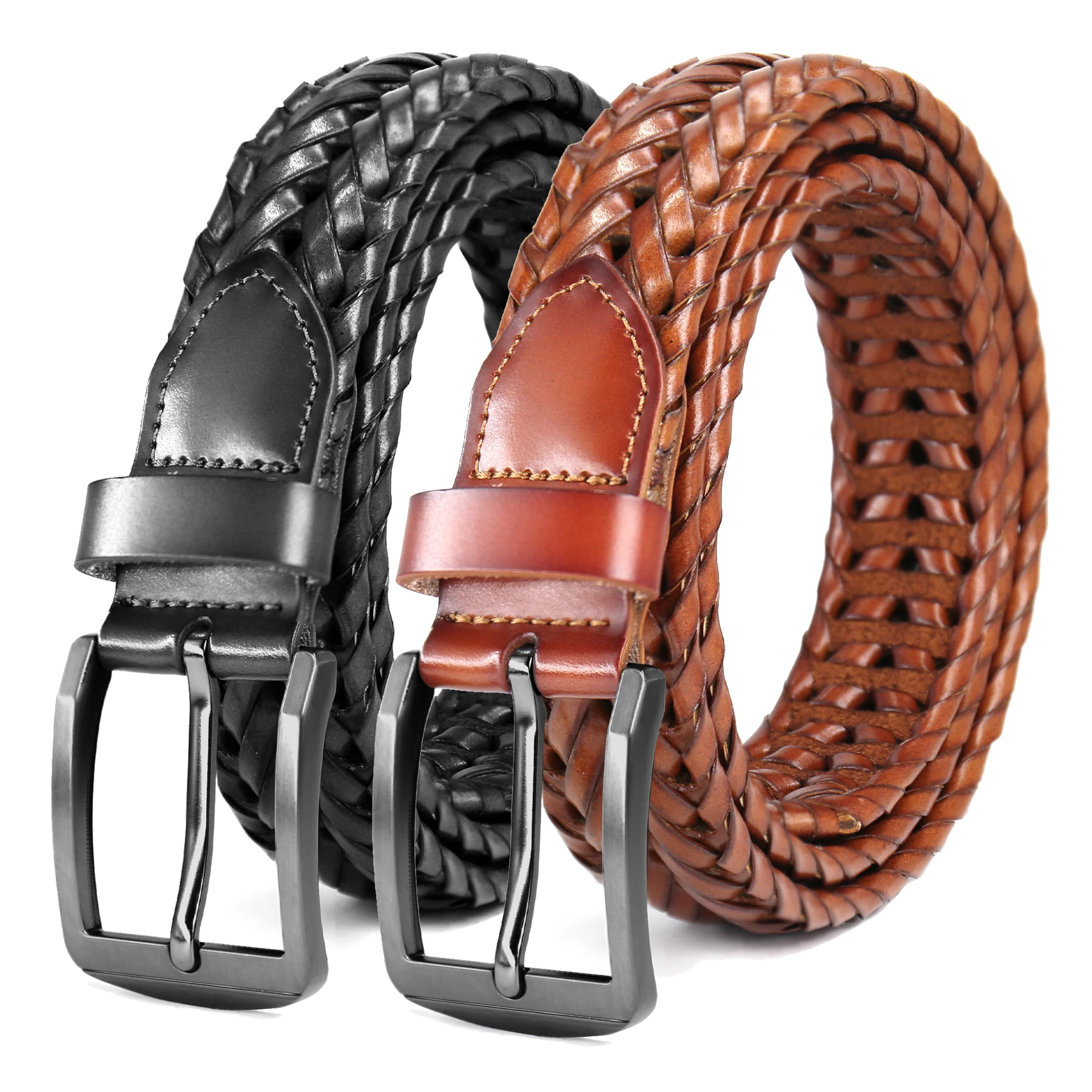 

2 Pack Leather Braided Belts for Men - Mens Casual Woven Belt for Golf Pants Jeans