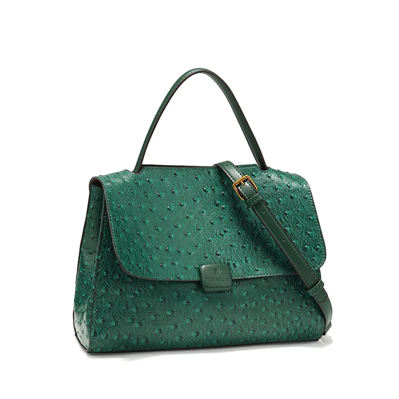 

​​New Design Women Large Capacity Shoulder Crossbody Bag Luxury Elegant Green Ostrich Pattern Embossed Leather Handbag​​
