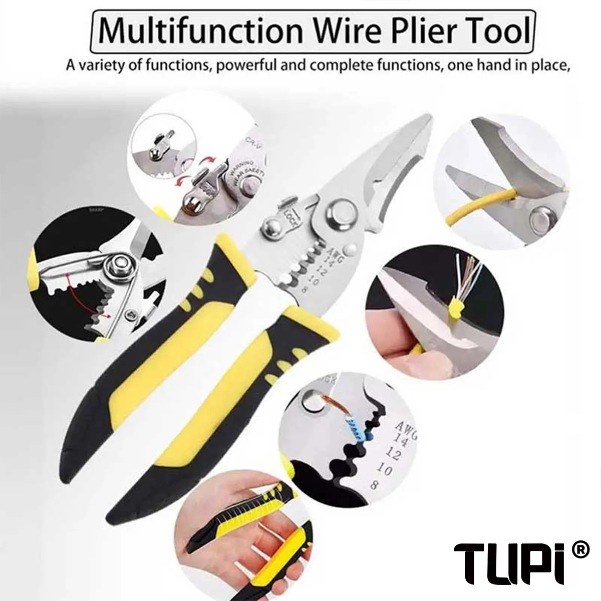 TUPI Pro Electrician Pliers 3 in 1 Wire Cutter Crimper Stripper Ergonomic Grip Multi Tool for Electrical Work Professional
