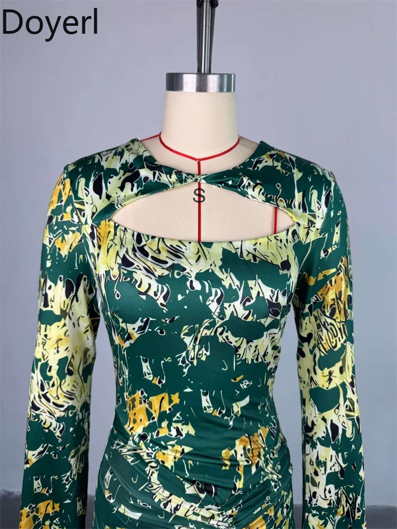 Doyerl Long Sleeve Bodycon Maxi Dresses Women Elegant Cut Out Ruched High Waist Print Sheath Night Club Party Long Dress Robes