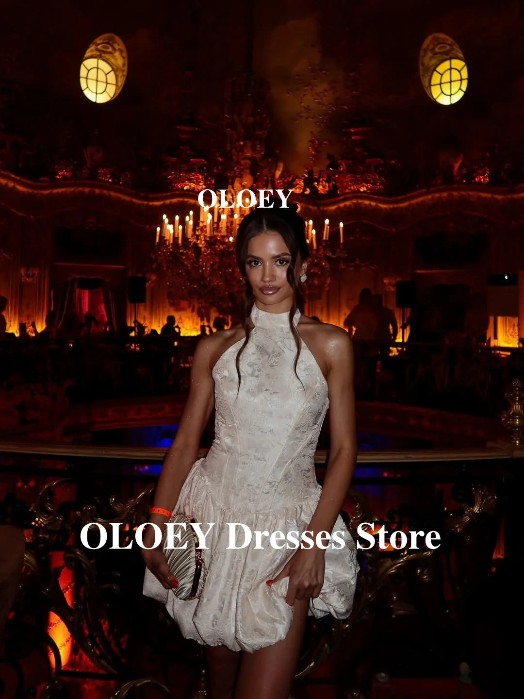 OLOEY Elegant Printed Mini Short Prom Party Dresses Women High Neck Classic Cocktail Dress Formal Event Gowns Wedding Ivory