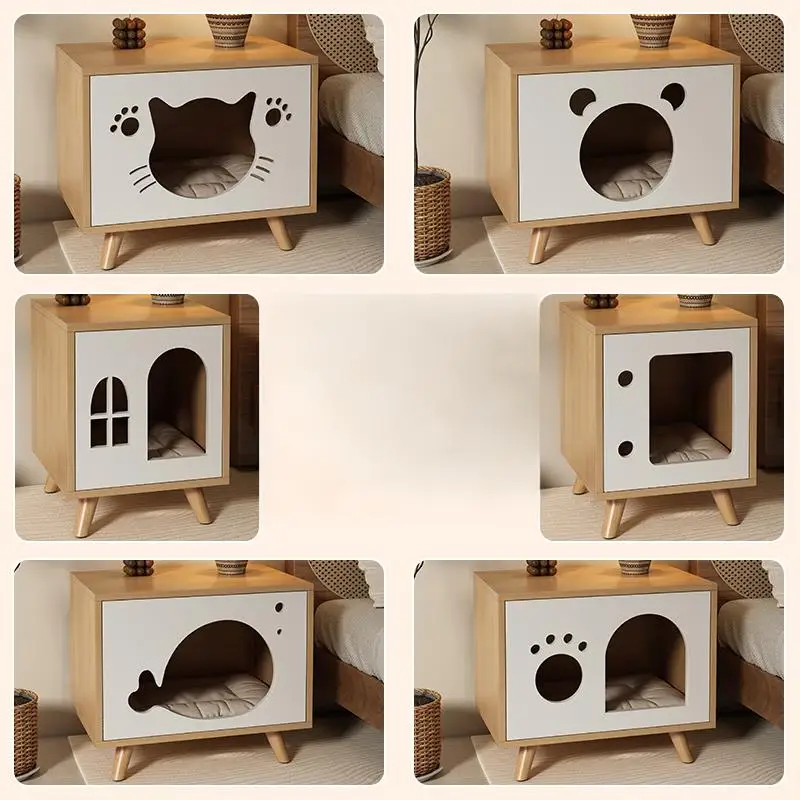 

Custom Multi-functional Wooden Bedside Table with Cat House & Storage Rack for Pet-friendly Bedrooms