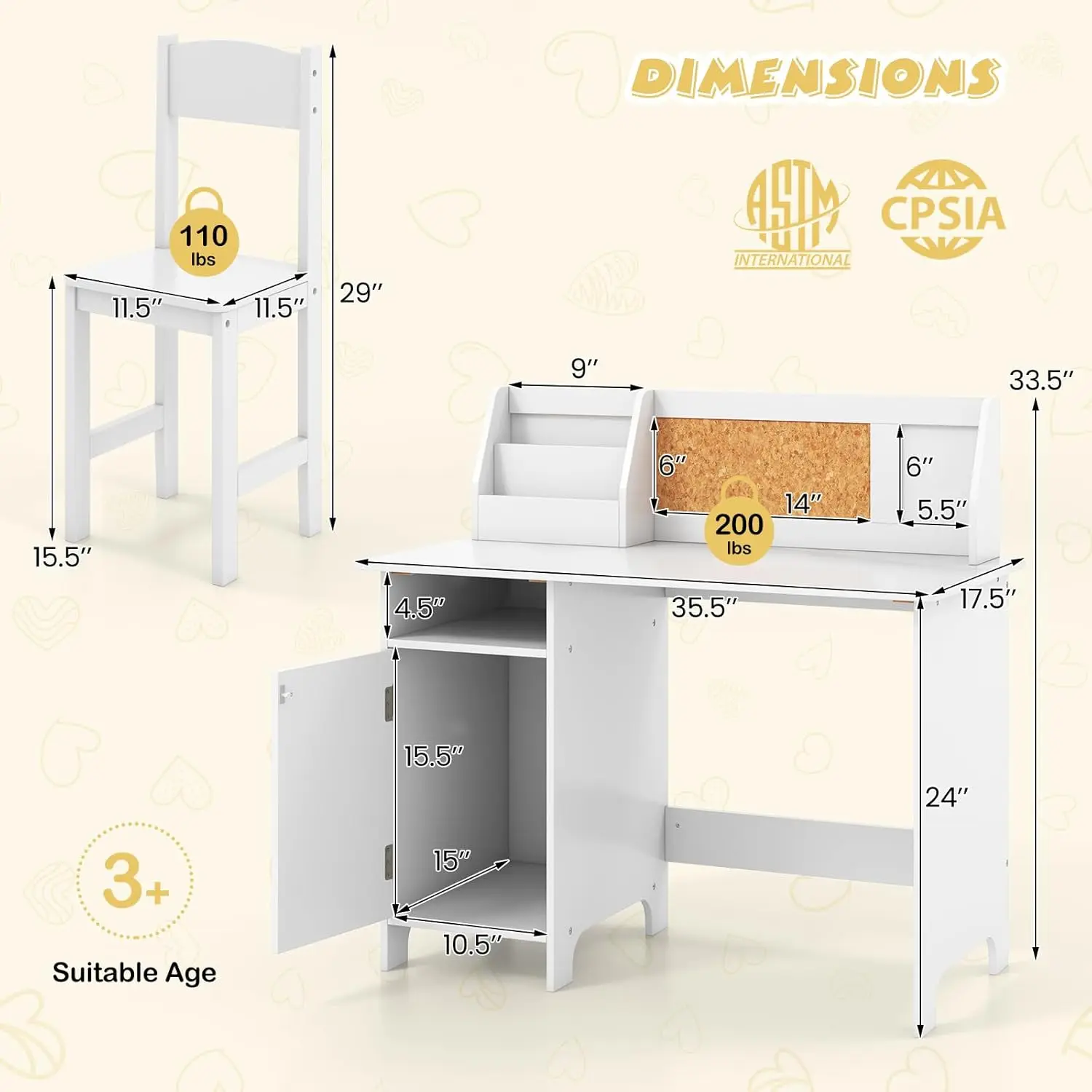 Kids' Desk and Chair Set, Mesa De Estudo De Madeira Para Crianças, Armazenamento, Hutch, Cork Bulletin Board, Quadro Branco, Marcador, Estudante Comp