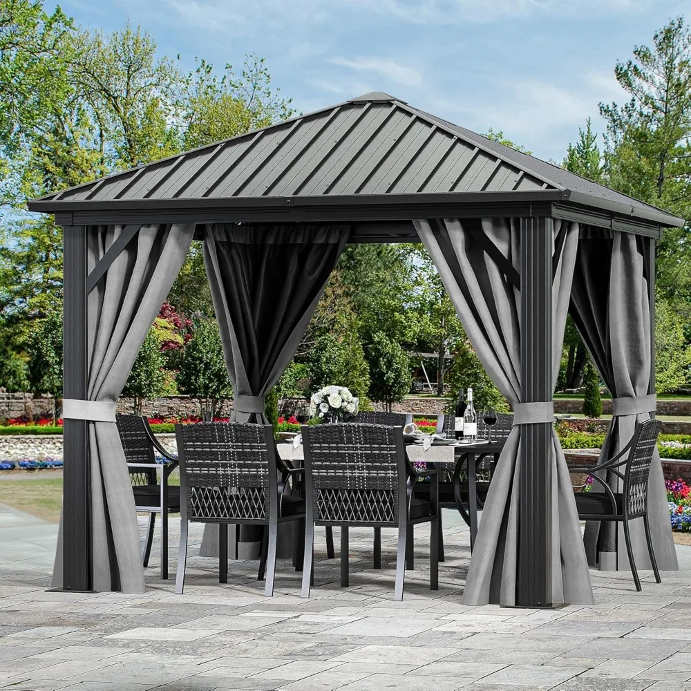 10X10FT Metal Hardtop Gazebo, Outdoor Patio Single Canopy, Garden Tent Window Netting for Backyard Deck Lawn