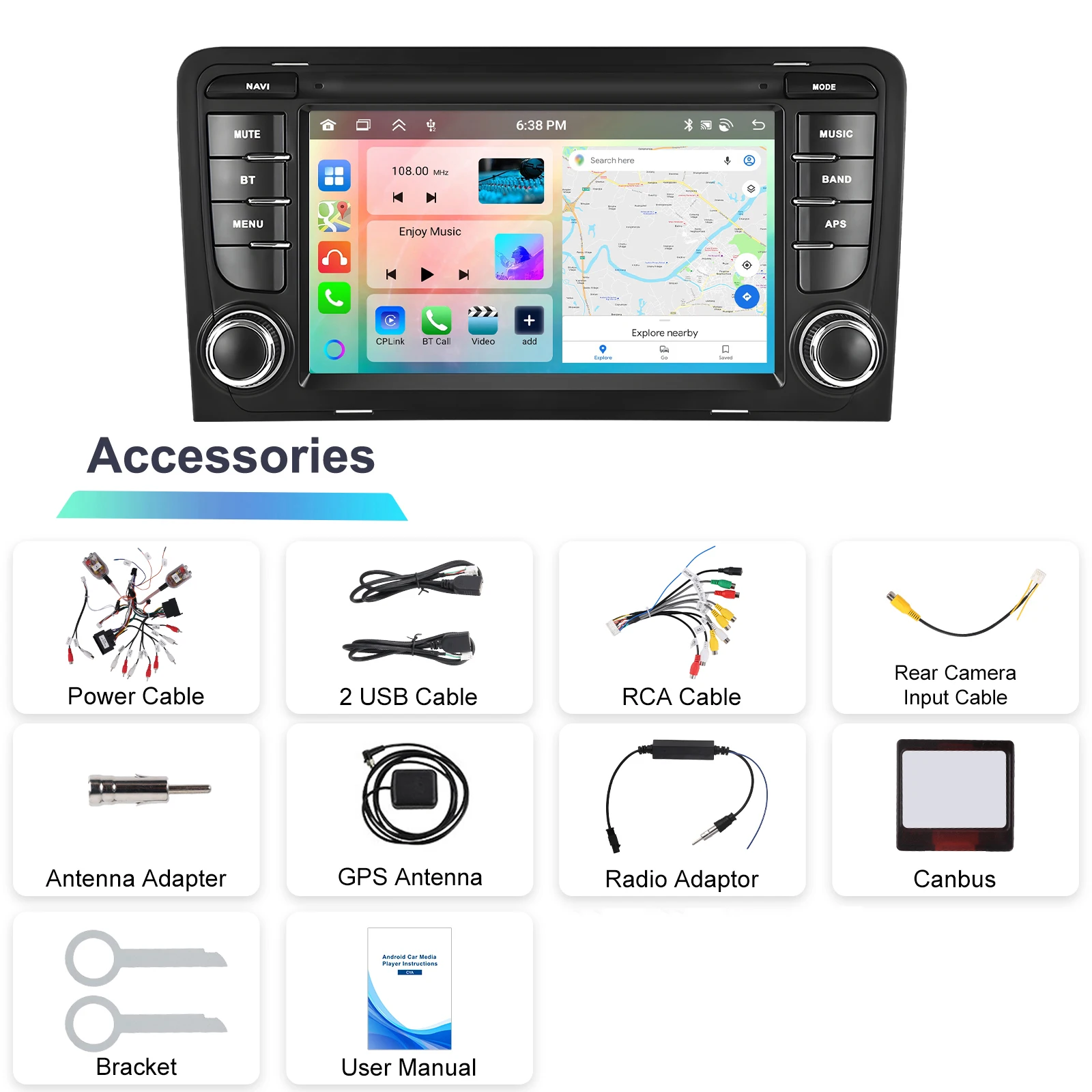 Podofo 7 Zoll 2 Din Autoradio Multimedia-Player für Audi A3 8P/A3 8P1 3-Türer Schrägheck/S3 8P/RS3 Sportback 6+128G HD Kapazitiver Touchscreen Kabelloses Carplay Android Auto Mirror Link Auto-Audiosystem WIFI GPS BT FM/RDS Autoradio Stereo – Detail 23