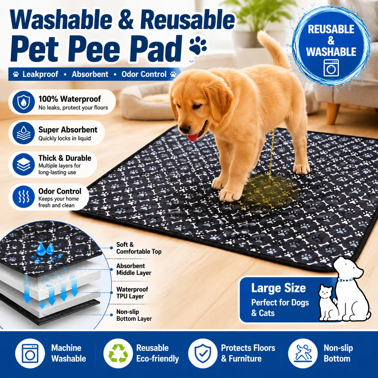Tapis absorbant réutilisable et lavable pour chien, imperméable, pour siège de voiture, sol, canapé, chiot, chat, couverture d'entraînement, couchette, fournitures pour animaux de compagnie