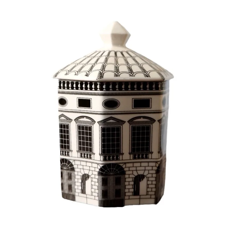 Nordic Hexagonal Storage Tank Classical Black and White Architectural Art Ceramic Decorative Tank with Lid Kitchen Storage Tank