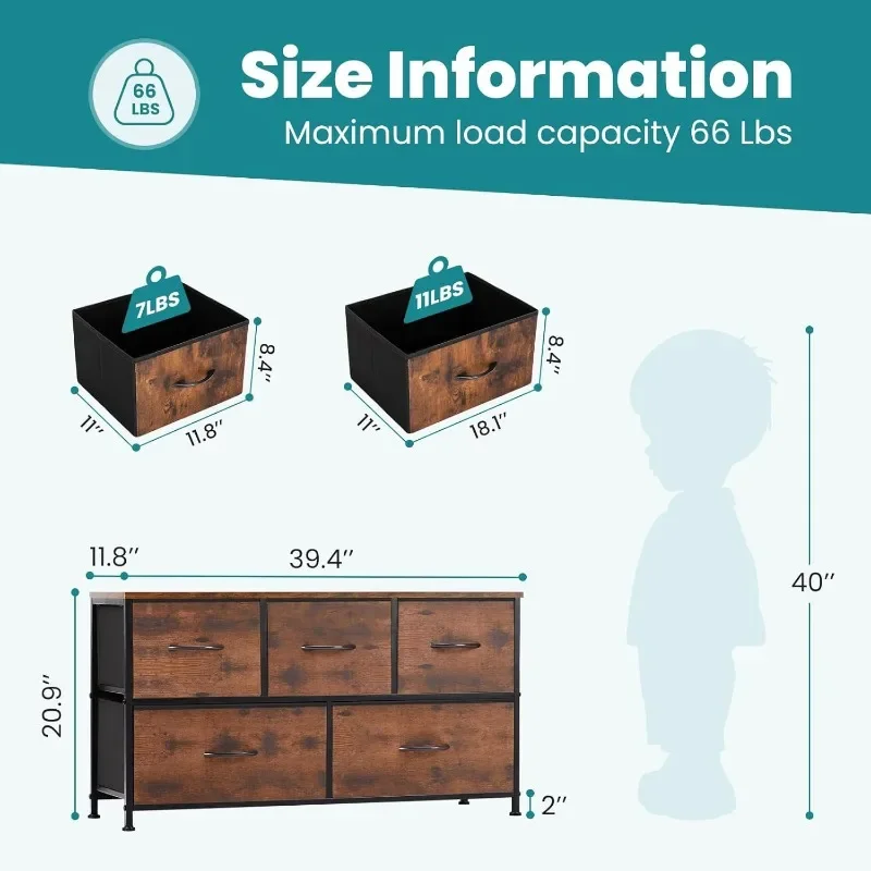 Komoda do sypialni z 5-szufladami, szeroka komoda, tkaninowa komoda do sypialni z organizerami do szuflad