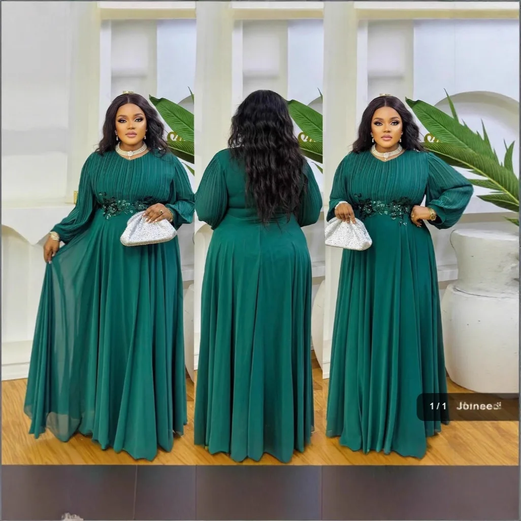 

Plus Size Women's Clothing Dark Green Sequin Waist-cinching Long Dress Pleated Long Sleeve Flared Dress High-end Feel Banquet