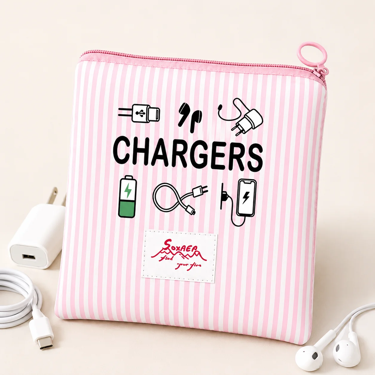 Tech Accessories Travel Organizer Pouch - Ladegerät-Organizer-Tasche Rosa Gestreifter Kabelbeutel Tragbare Aufbewahrungstasche
