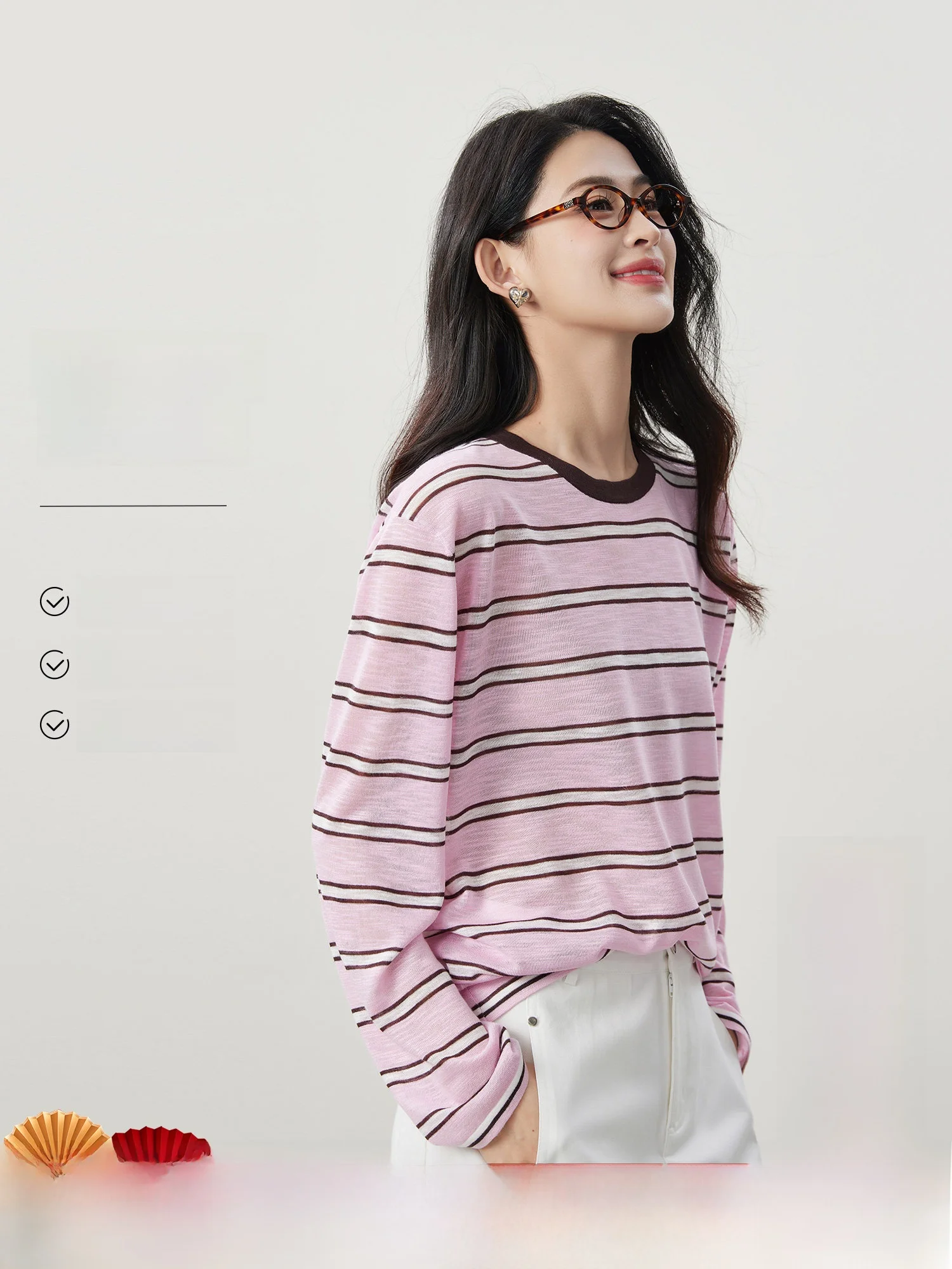 

Loose Fit Long Sve round Ne Women's T-irt Striped Rhythm Pattern Casual Daily Wear Viscose Polyester Blend Spring 2026
