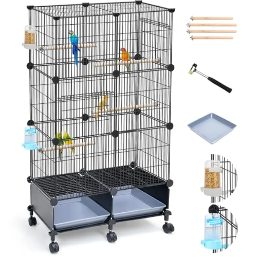 

Bird cage for parrot parakeets cockatiel lovebird small to mid-sized birds; metal with wooden perches; gray; upgraded encryptio