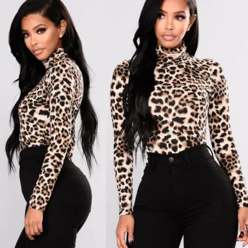 Women Ladies Leopard Print Tops Turtle Neck  Long Sleeve Blouse Loose Basic Tops Blouse Mujer