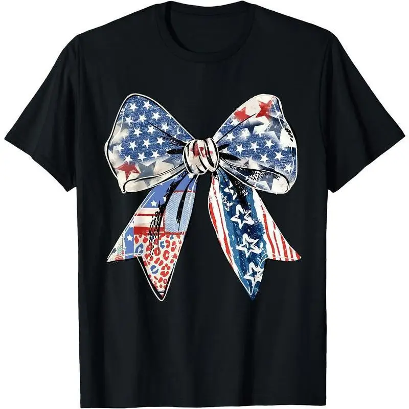 

Women's Patriotic Bow T-Shirt | USA Flag Mixed Print Graphic Tee | 4th of July American Pride Gift Top