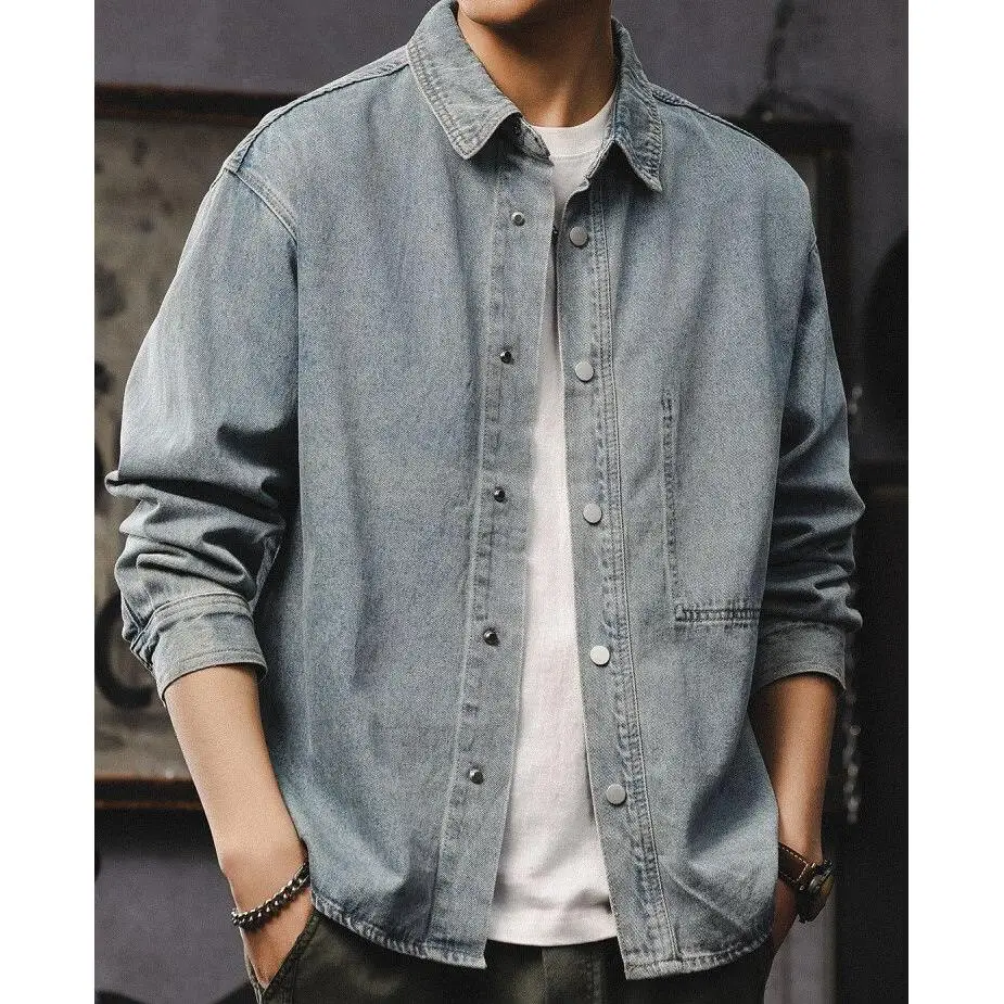 

Retro Denim irt Jaet Men's High End Waed Loose Long Sve Casual Versatile Top Trendy Classic Sle Polyester Fiber