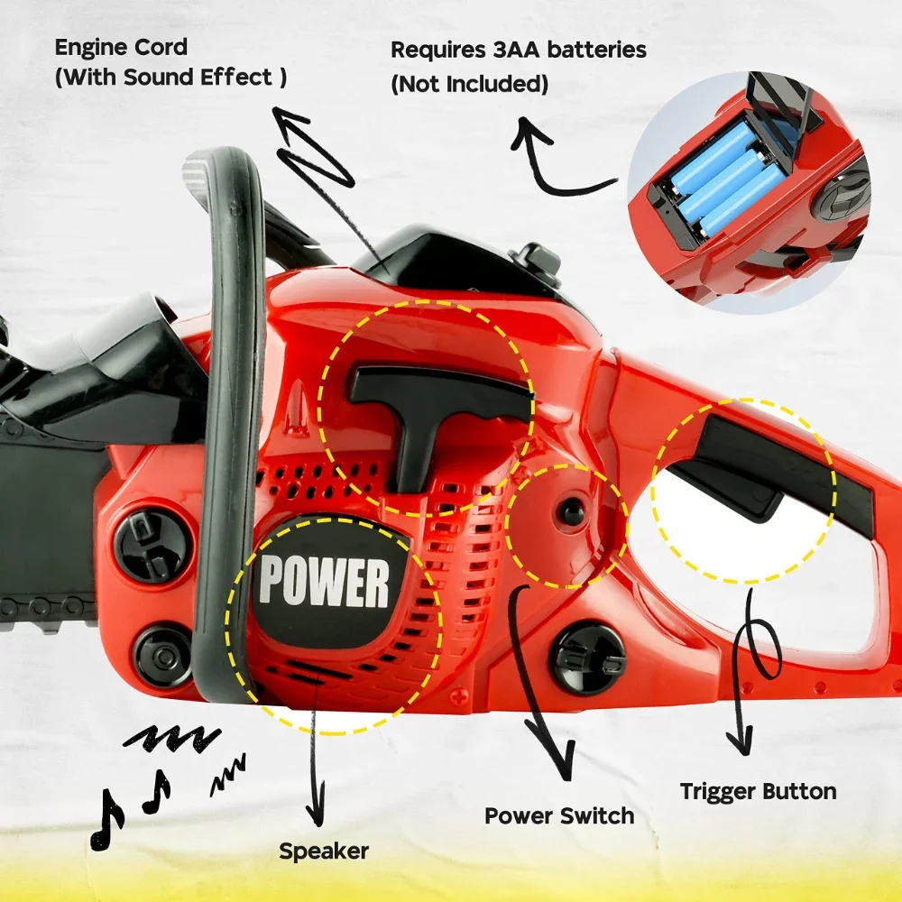 Motosserra de brinquedo WizKidz para crianças, conjunto de ferramentas elétricas para brincadeiras de faz de conta com sons realistas, corrente rotativa, presente para jardinagem ao ar livre na pré-escola