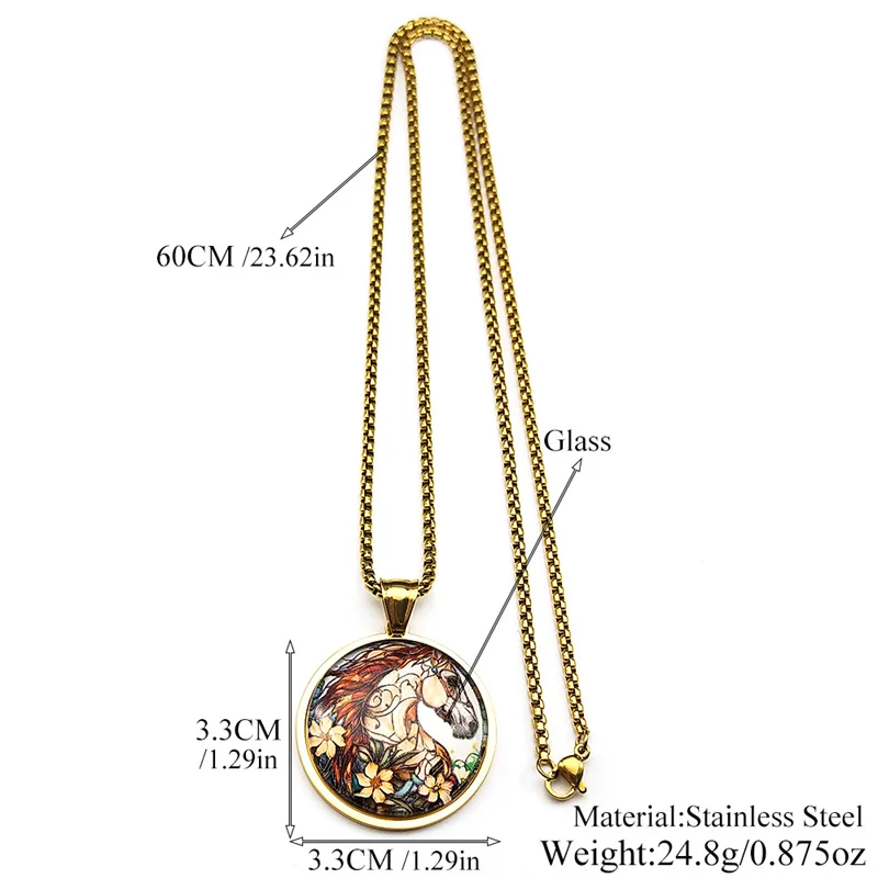 الفنية جدارية الحصان زهرة سلسلة للنساء الرجال الفولاذ المقاوم للصدأ الزجاج المهر الحيوان الشرير الذكور الفن قلادة قلادة مجوهرات هدايا #6