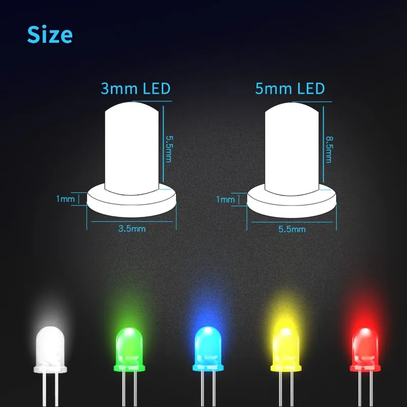 100Pcs 3mm/5mm Led Light Emitting Diodes Assortment Kit Light-Emitting Diodes Diodes for Science Project Experiment,5 Color Each
