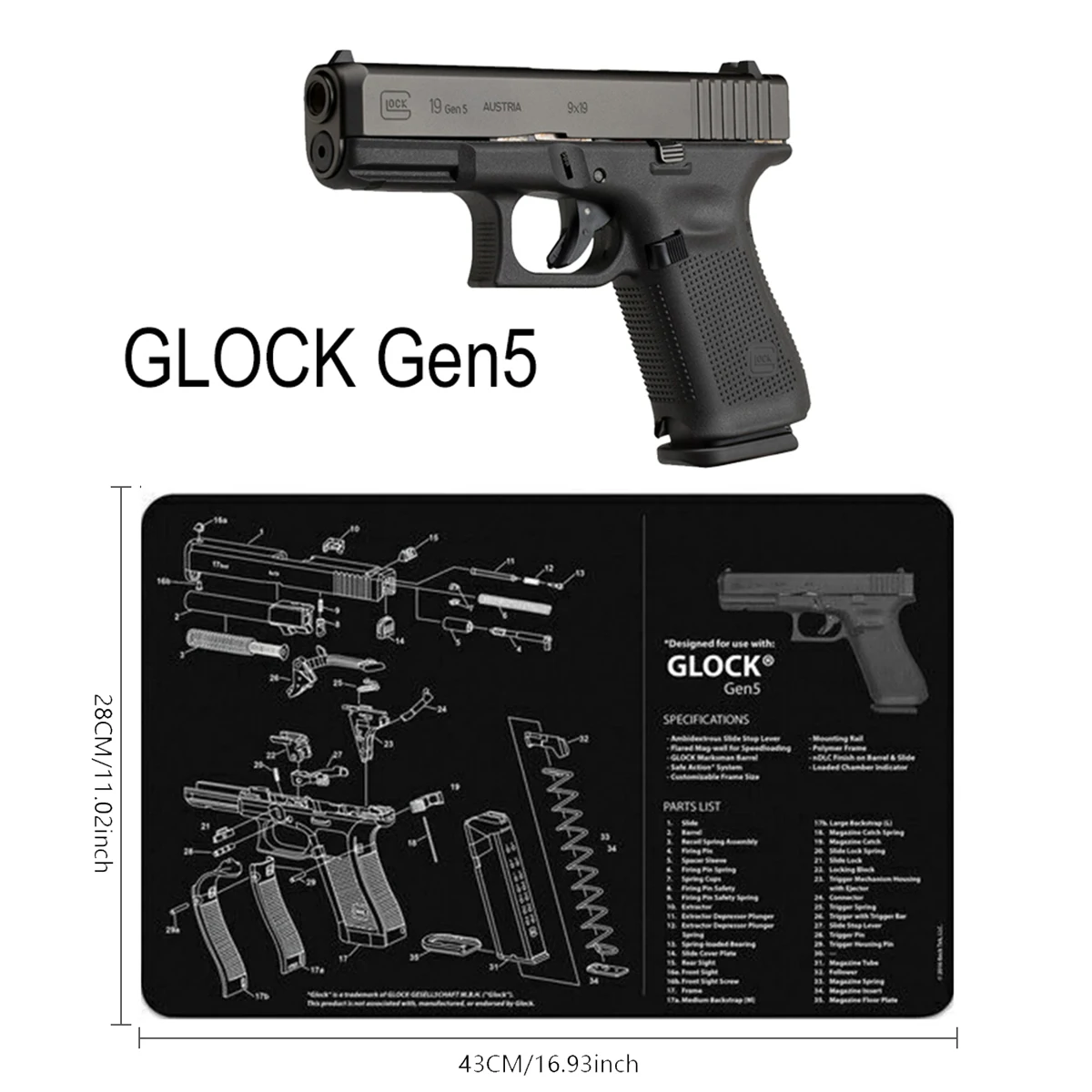 Tactical Glock Gun Cleaning Rubber Mat For Gen4 Gen5 42 43 3D Gunsmith With Parts Diagram And Instructions Mouse Pad