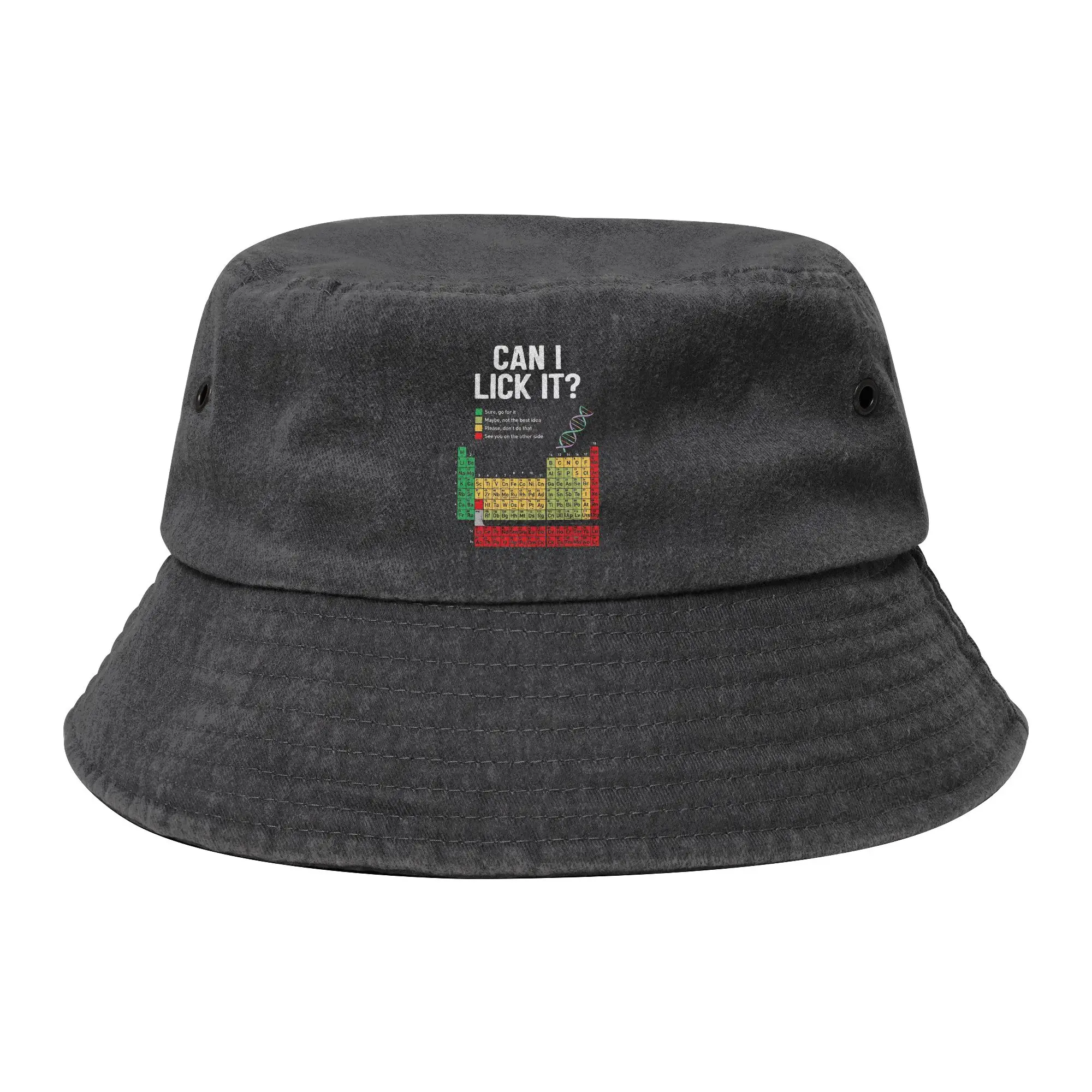 Sommerliche 'Can I Lick It' Periodensystem Lustige Wissenschaft Bucket Hat für Damen und Herren, Distressed Denim Washed Sonnenhut, Boonie Hat, Angelkappen