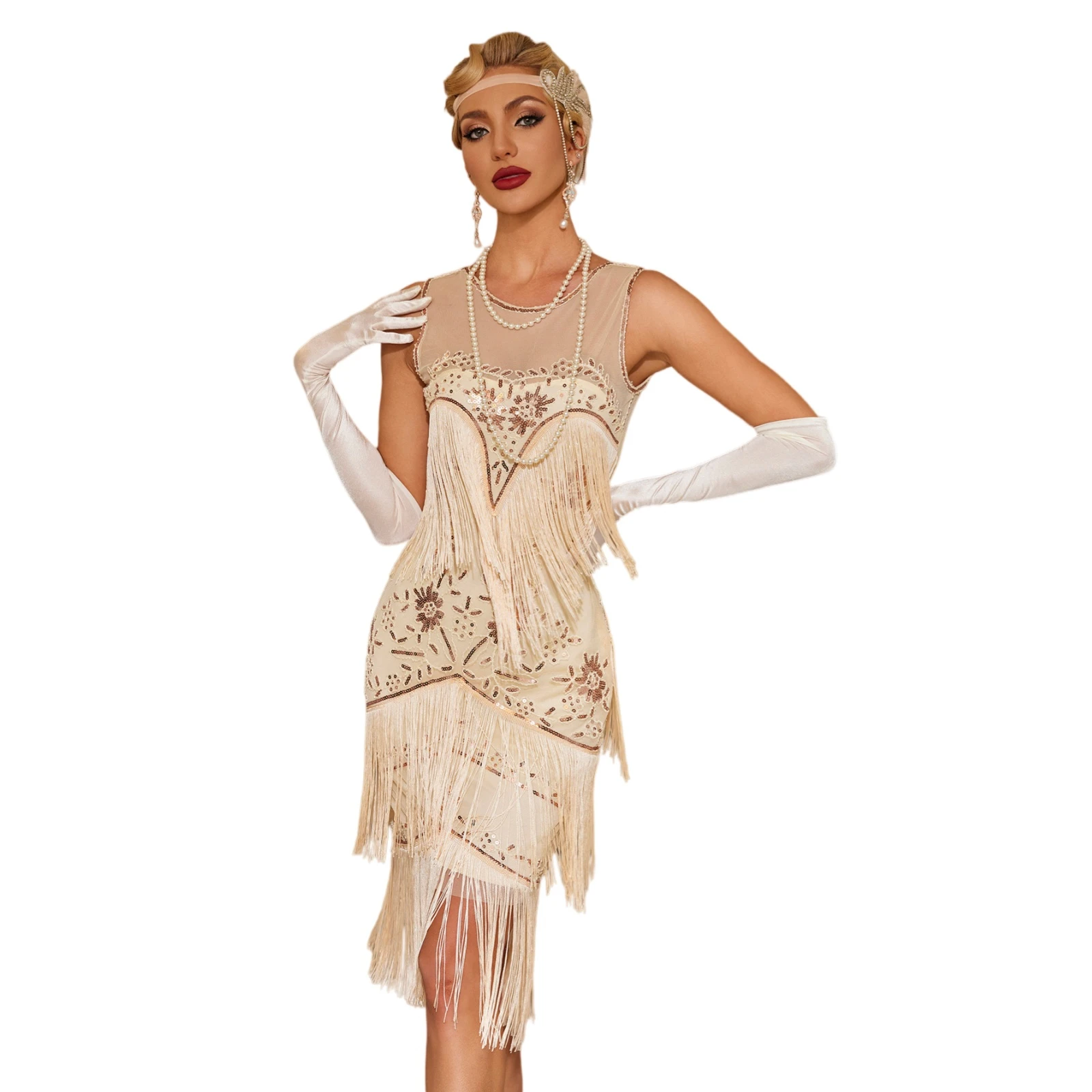 Vintage 1920s Flapper Dress for Women Sequin Beaded Tassel Hem 20s Dress Formal Evening Gown for Banquet Anniversary