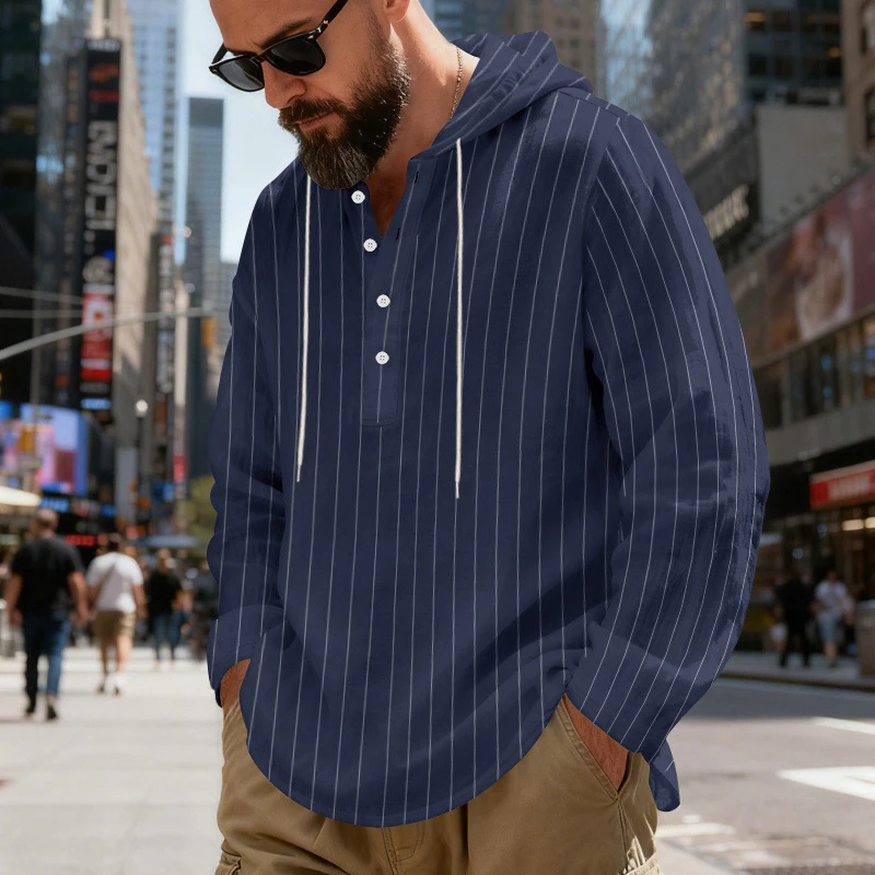 Casual Breathable Loose Mens Hooded Sweatshirts Fashion Striped Printing Hoodies Men Spring Fall Vintage Buttoned Linen Hoodie
