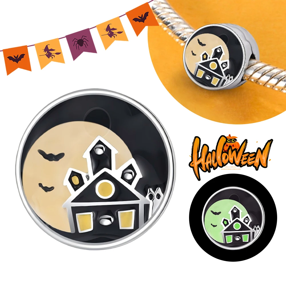 

925 Sterling Silver Luminous Glow in Dark Midnight Bat Castle Fixed Clamp Bead Fit Charms Bracelet for Jewelry Making Women Gift