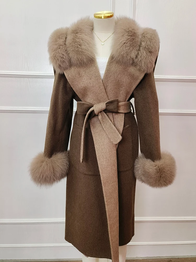 Veste en laine de cachemire d'hiver pour femmes, manteau à col en fourrure de renard naturel véritable, vêtements d'extérieur pour femmes, manteau de luxe, nouveau, 2024