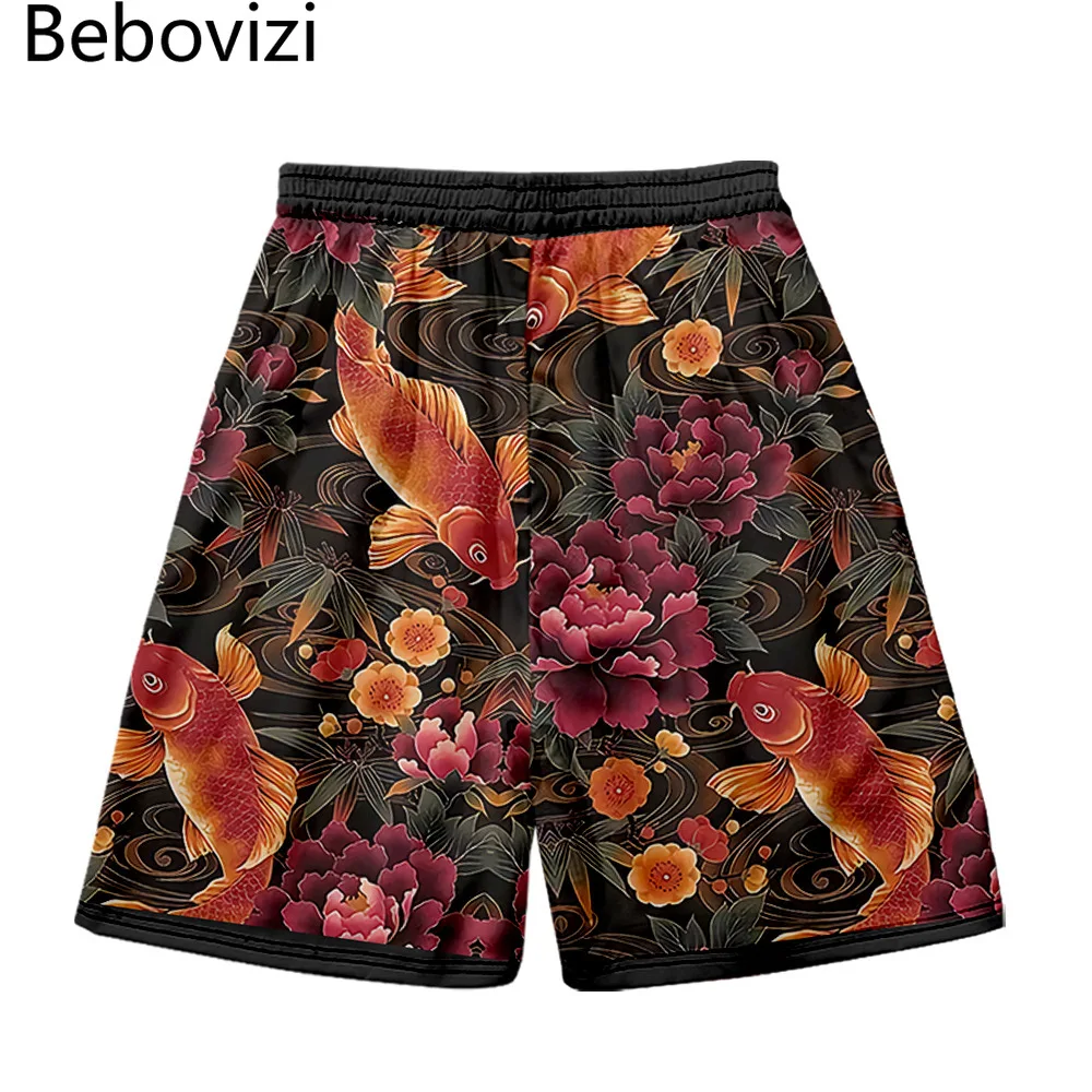 Casual solto ukiyo-e peixe flor impressão dos homens ginásio calças curtas verão correndo shorts masculino esportes jogging calções de fitness mais tamanho