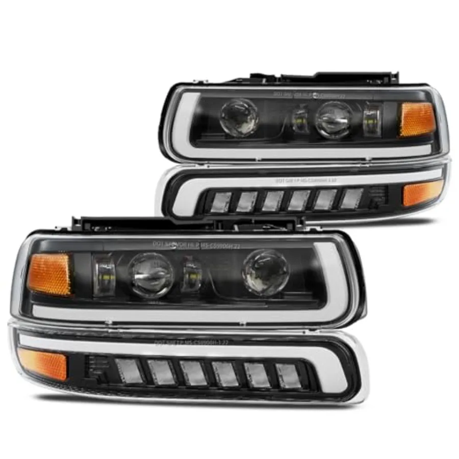 

Headlights Assembly with LED Bulbs for 1999-2002 Chevy Silverado and 2000-2006 Suburban Tahoe: Black Housing, Hi-Lo Beam, DRL,