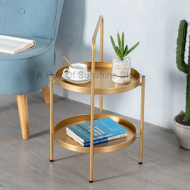 

Luxury Gold Wrought Iron Portable Coffee Table Living Room Sofa Corner Table Balcony Round Side Table Bedside Table Small Table