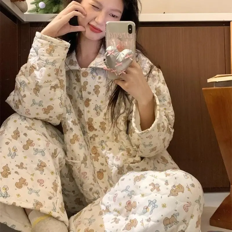 

Women's Pajama Set Girl Winter Homewear Microfiber Sleepwear Pajamas Sleeping Wear Printed with Animals Pyjamas Long Sleeve Heat