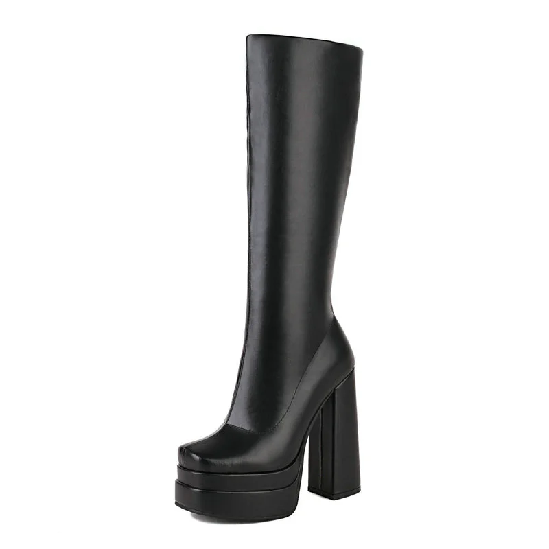 2022 Women Knee High Boots Platform Thick High Heel Ladies Calf Boots PU Leather Square Toe Zipper Women's Boots Black White