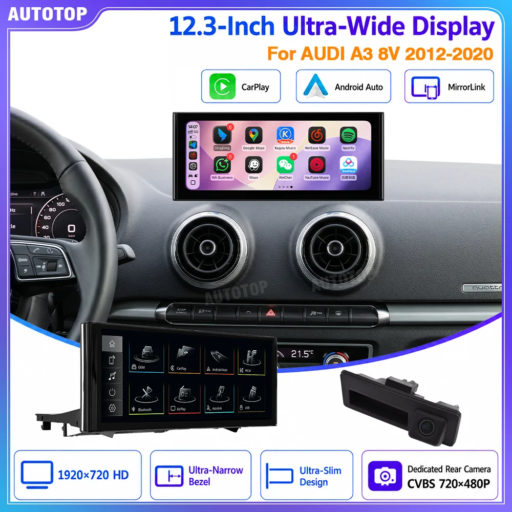 AUTOTOP 10,25/12,3" ekran multimedialny QLED z systemem Linux do samochodów Audi A3 S3 8V (2012-2020), MIB1, MIB2, bezprzewodowy CarPlay, Android Auto, HiCar, rozdzielczość 1920x720, ekran dotykowy,