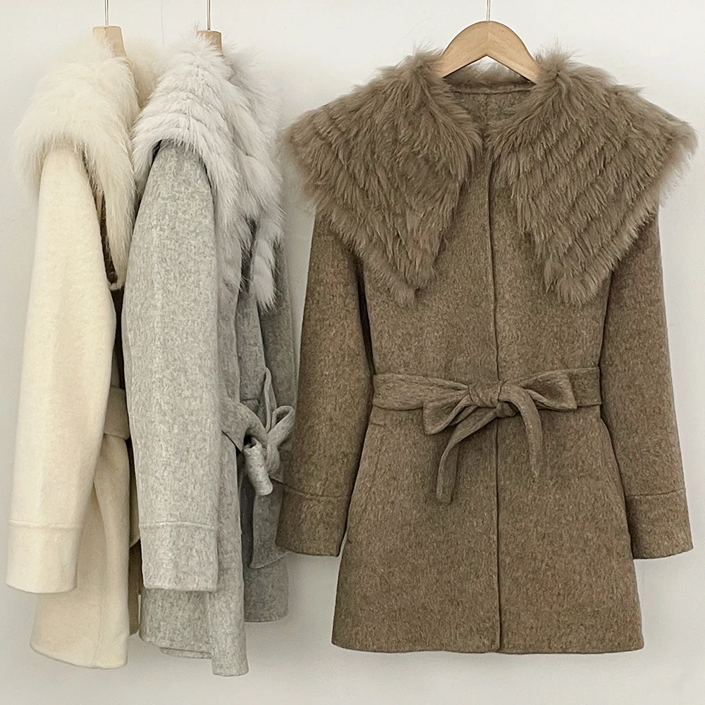Elegant Fur Coat Double Face Wool Blend Coat Belted Waist Tie Warm Coats for Woman Layer for Old Money Style Office Outerwear