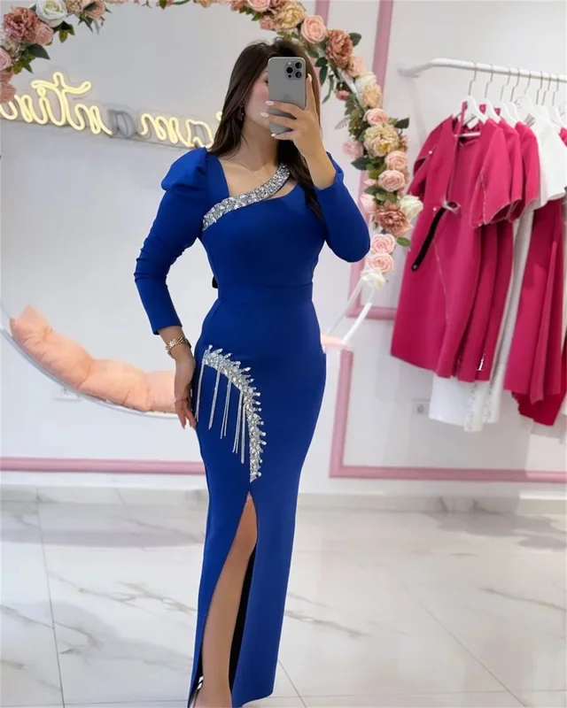 

2024 New Summer Women's Maxi Blue Crepe Satin Prom Dress Long Sleeves Fashion Celebrity V-Neck Crystals Simple Party customized
