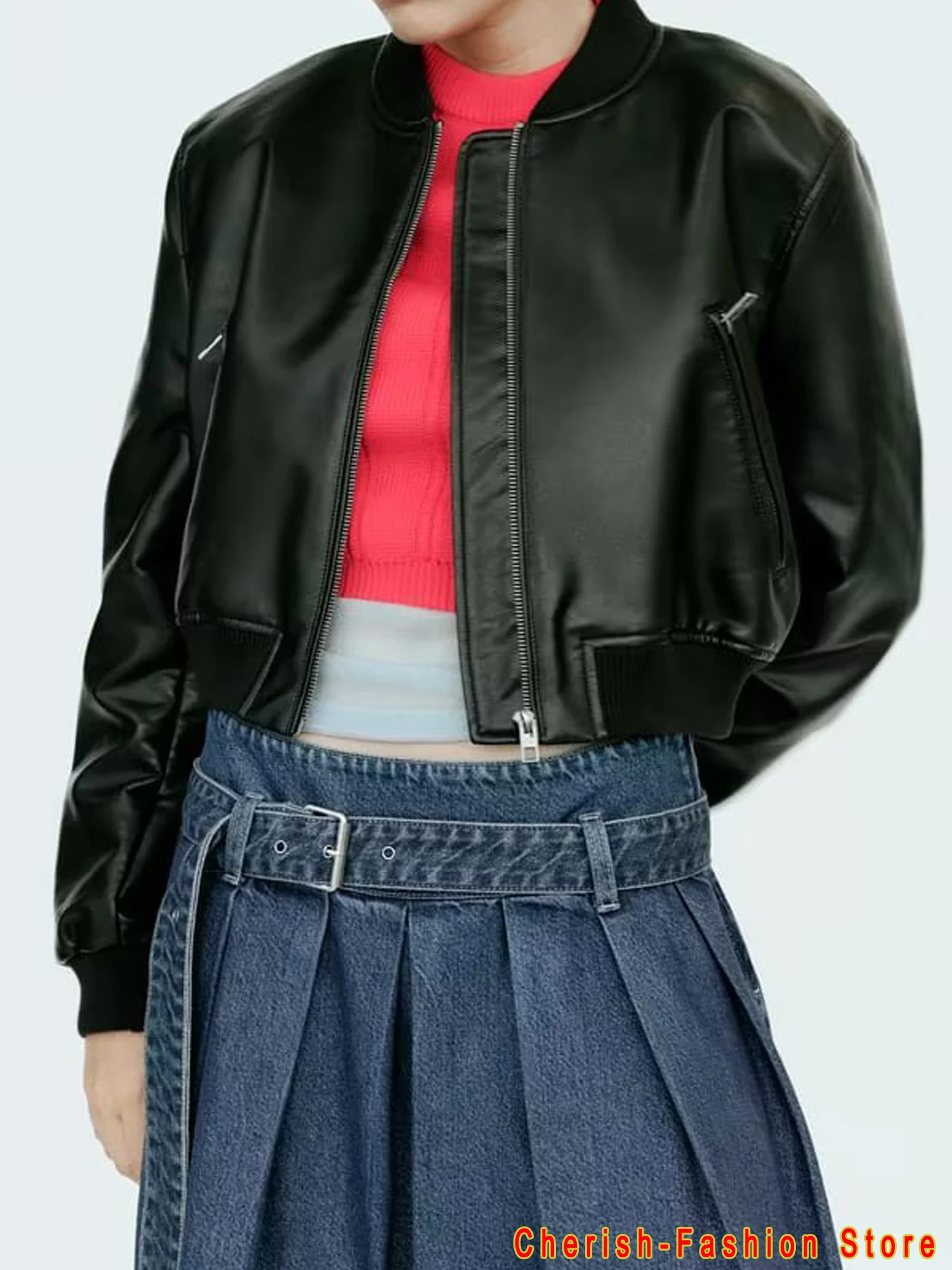 Mantel jaket Bomber crop kulit imitasi wanita, mantel Vintage lengan panjang ritsleting depan, pakaian luar Chic