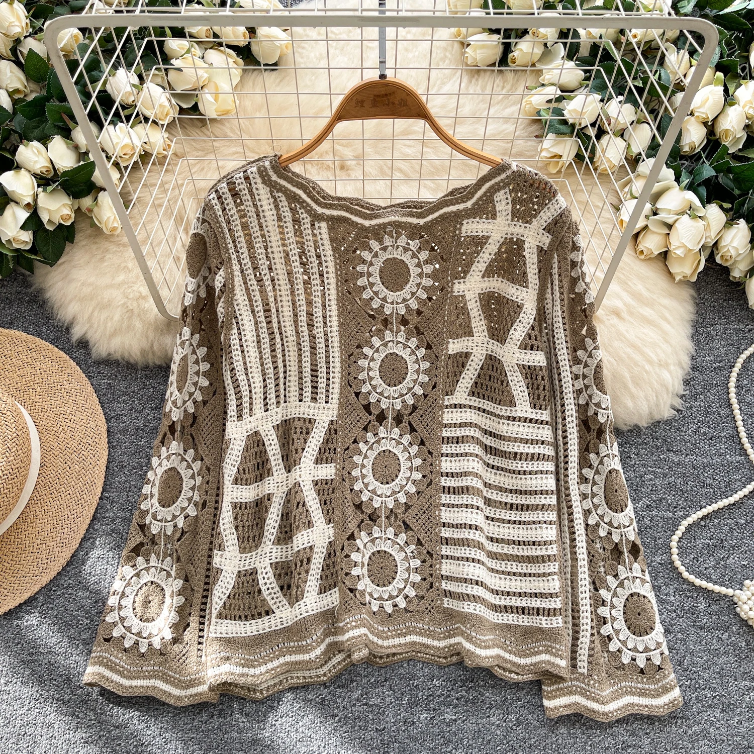 เสื้อไหมพรมถักโครเชต์แบบโปร่ง สไตล์อ่อนโยน ทรงเข้ารูป ใส่สบายๆ สีน้ำเงินวินเทจ สำหรับฤดูใบไม้ร่วงและฤดูหนาว