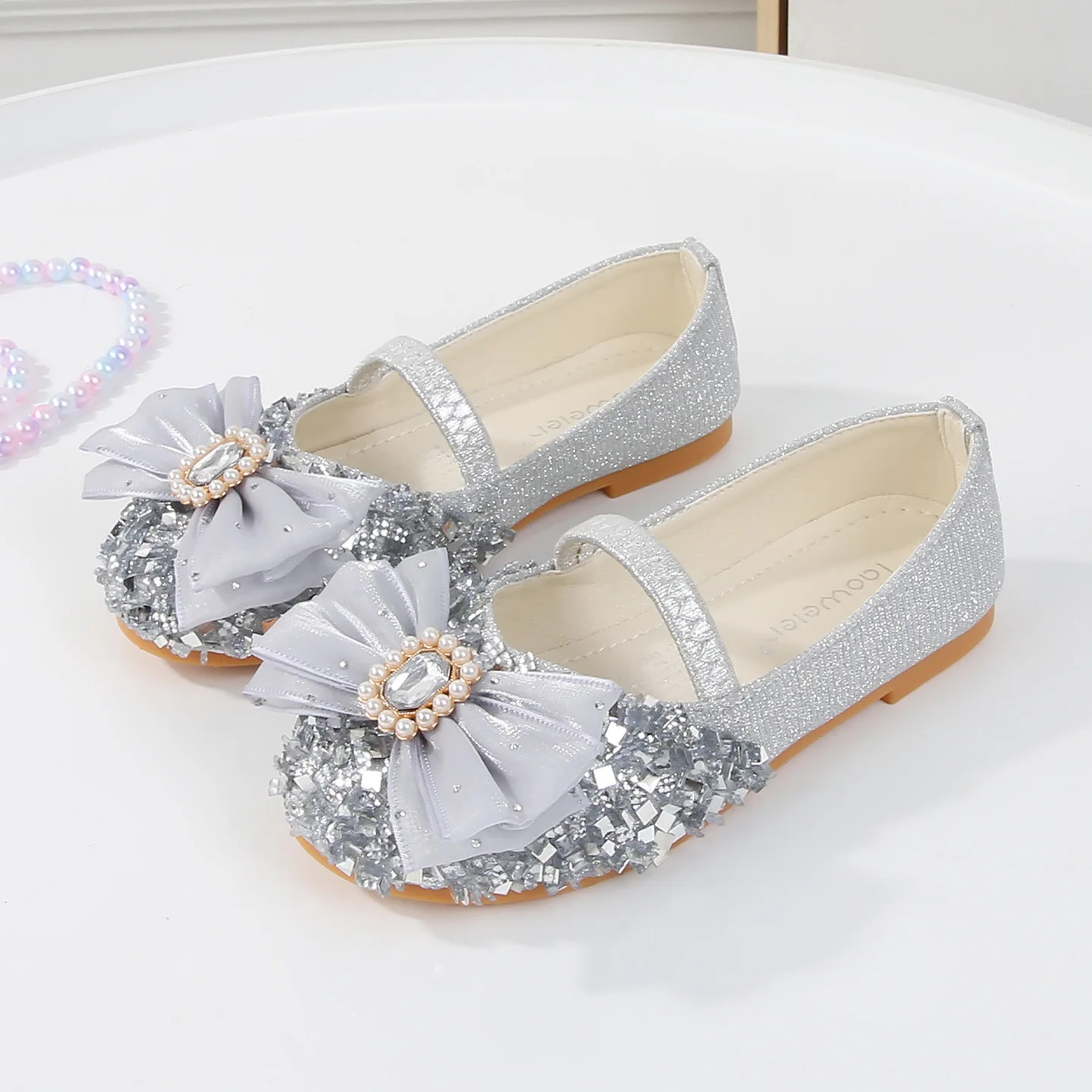 

Kids'Casual Shoes PU Leather Spring Fashion Sequin Bow Outdoor Flat Shoes For Girls Breathable Anti-slip Silver Blue Shoes