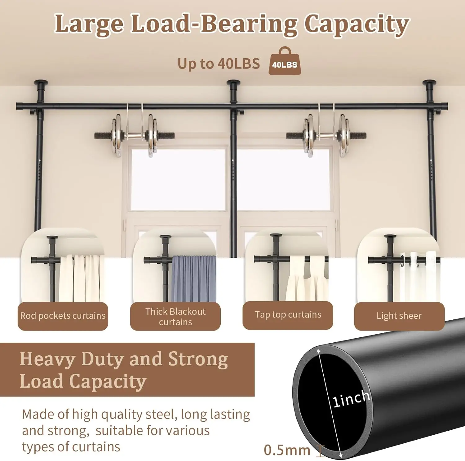 Adjustable Room Divider Curtain Rod, 4-10ft Height, 28-114in Width, No Drilling Freestanding Partition