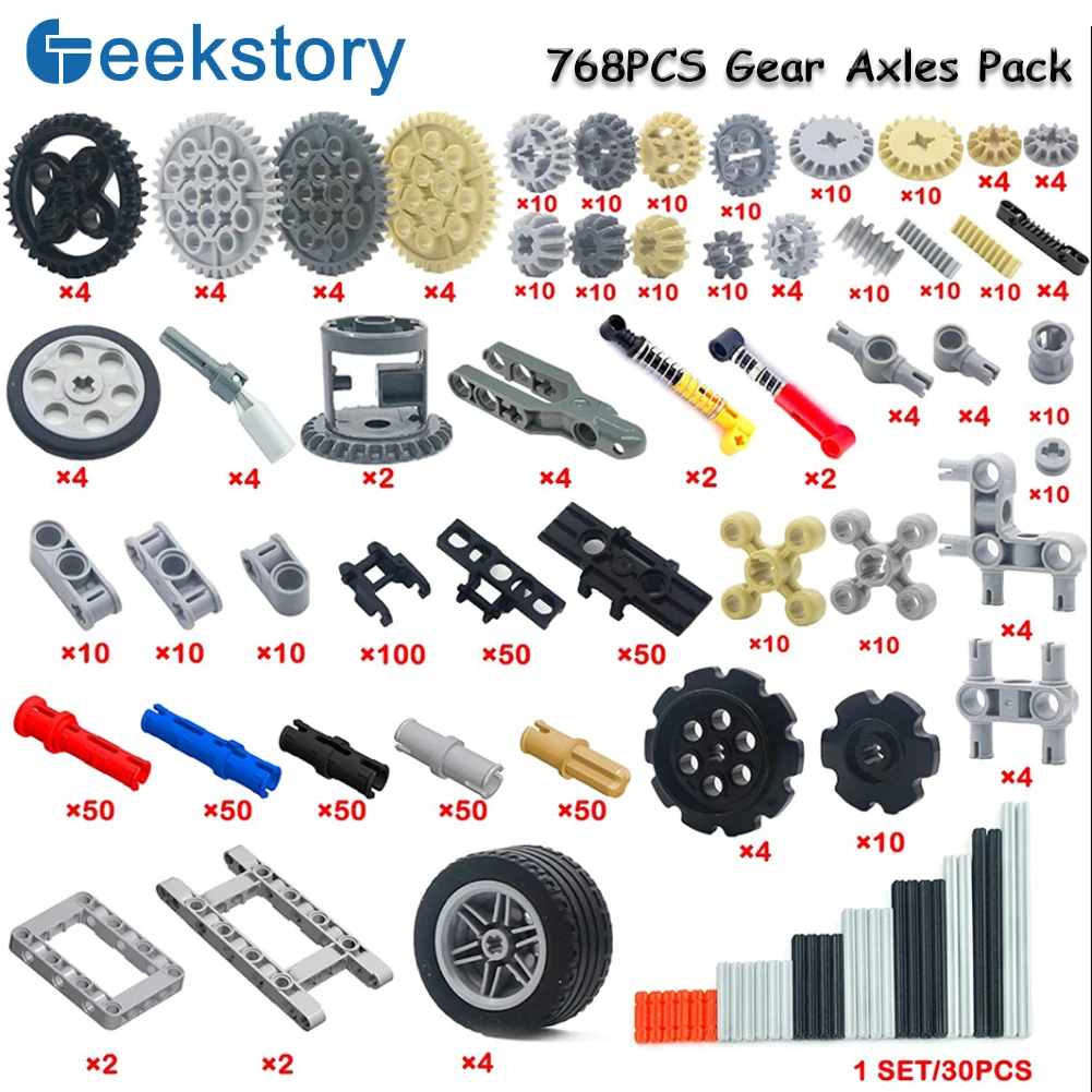 

768PCS Technical Building Parts Kit with Gears Axles Wheels Connectors for MOC Car Robot Model STEM Educational DIY Project Toys