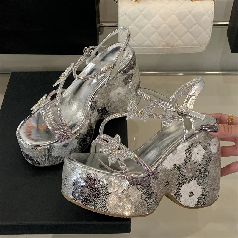 Eilyken Summer Bling Sequin Cloth Narrow Band Platform Wedges Chunky Heels Women Sandals Fashion Buckle Strap Slide Shoes